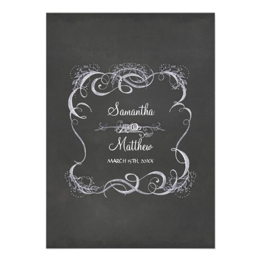 Chalkboard Typographic Leaf Swirl Rustic Wedding Announcement