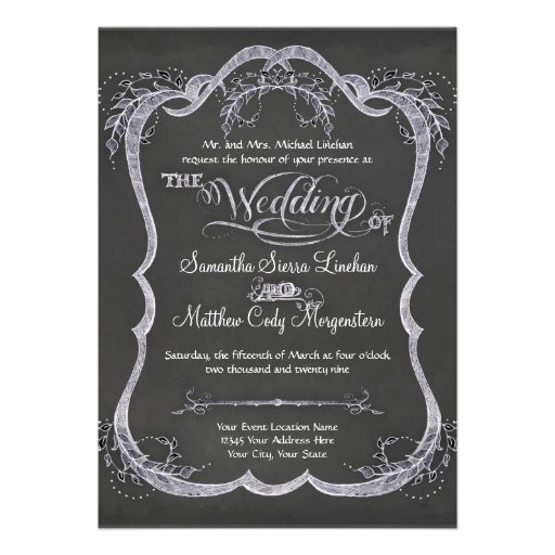 Chalkboard Typographic Leaf Swirl Rustic Wedding Announcement