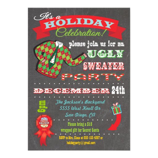 Chalkboard Ugly Sweater Christmas Party Invitation (front side)