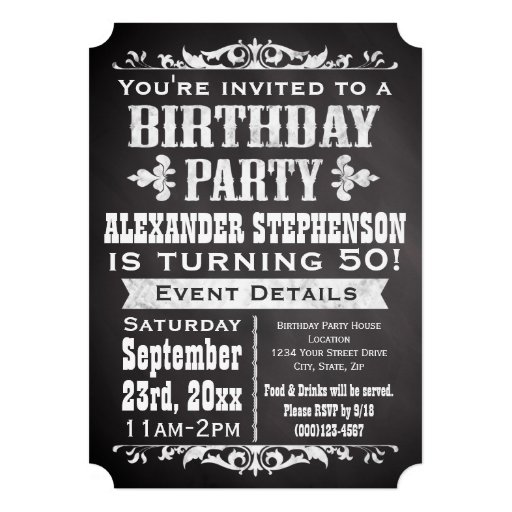 Chalkboard Vintage Blackboard Theme Birthday Party Custom Invites (front side)