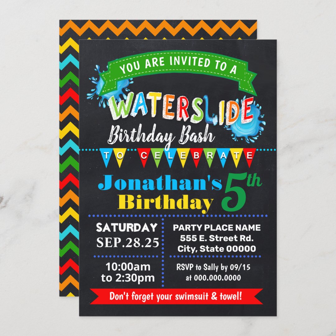 Chalkboard Waterslide Summer Birthday Bash Invitation Zazzle