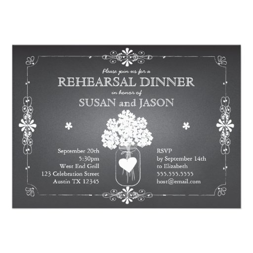 Chalkboard Wedding Rehearsal Dinner Mason Jar Custom Announcements (front side)