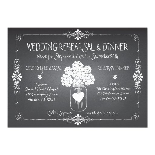 Chalkboard Wedding Rehearsal & Dinner Mason Jar Cards (front side)