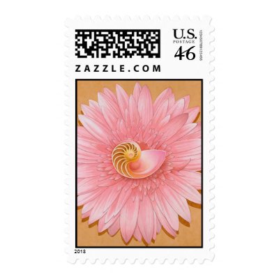 Chambered Nautilus & Pink Flower Postage Stamps by briancody