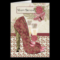 Champagne And Shoes Butterfly And Rose Birthday cards
