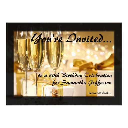 Champagne and Sparkles Golden 50th Invitations