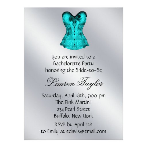 Champagne  and Teal Blue Corset Bachelorette Party Personalized Invitations