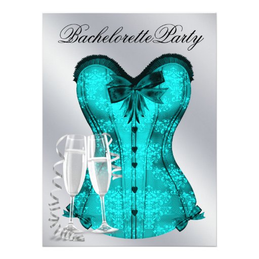 Champagne  and Teal Blue Corset Bachelorette Party Personalized Invitations