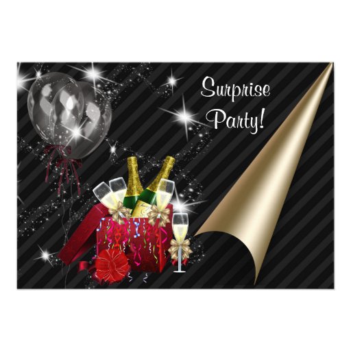 Champagne Balloons Black Surprise Birthday Party Personalized Invites (front side)
