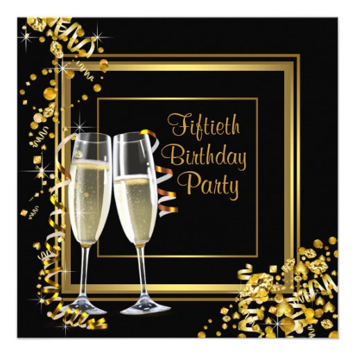 Champagne Confetti Black Gold 50th Birthday Party Invitation (front side)