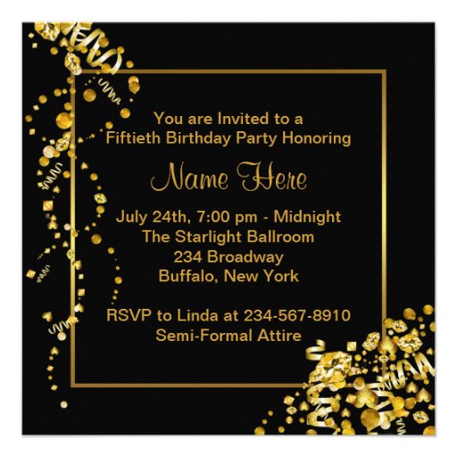 Champagne Confetti Black Gold 50th Birthday Party Invitation