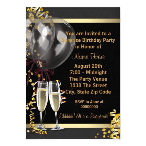Champagne Confetti Black Gold Surprise Party Card