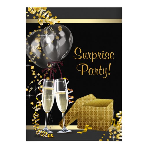 Champagne Confetti Black Gold Surprise Party Card (front side)