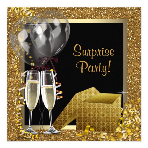 Champagne Confetti Black Gold Surprise Party Personalized Announcements (front side)
