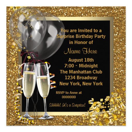 Champagne Confetti Black Gold Surprise Party Personalized Announcements