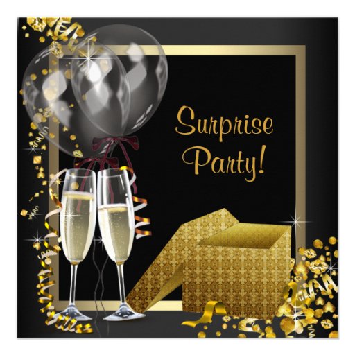 Champagne Confetti Black Gold Surprise Party Personalized Invites (front side)