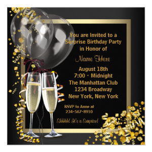 Champagne Confetti Black Gold Surprise Party Personalized Invites