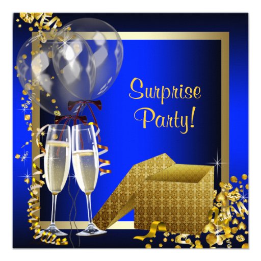 Champagne Confetti Blue and Gold Surprise Party Custom Invitations (front side)