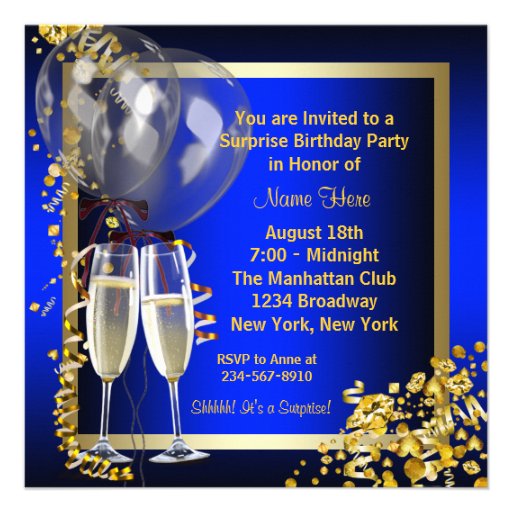 Champagne Confetti Blue and Gold Surprise Party Custom Invitations