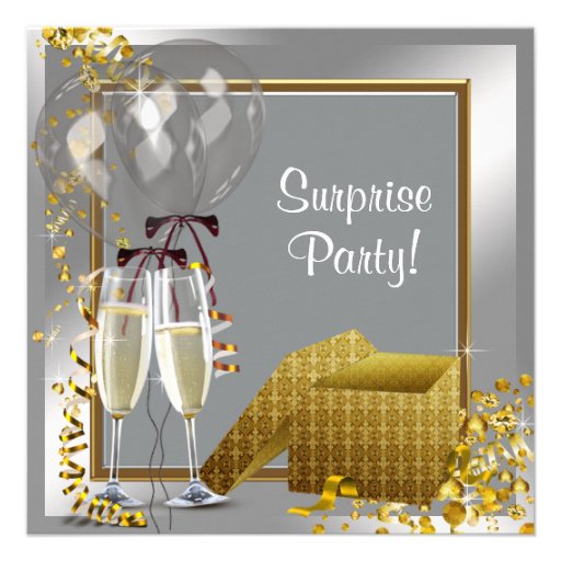 Champagne Confetti Silver and Gold Surprise Party Announcement