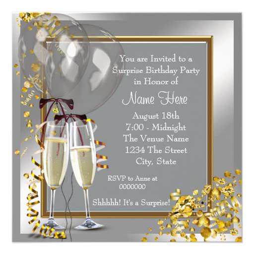 Champagne Confetti Silver and Gold Surprise Party Announcement