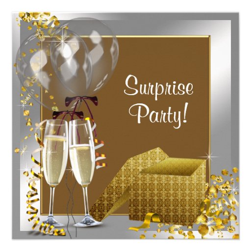 Champagne Confetti Silver Gold Surprise Party Invitations (front side)