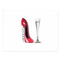Champagne Flute Glass and Corkscrew Stiletto Shoe Post Card