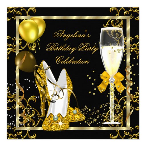 Champagne Gold Black Glitter Heels Birthday Party Invite