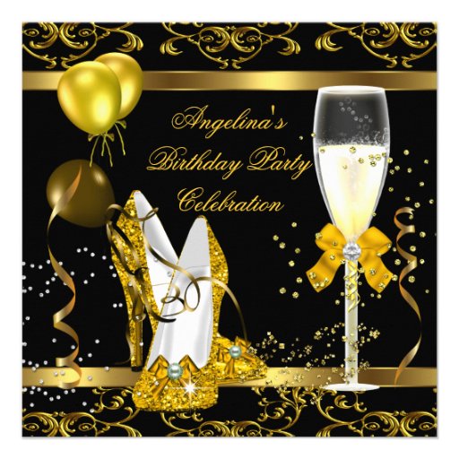 Champagne Gold Black Glitter Heels Birthday Party Personalized Invite