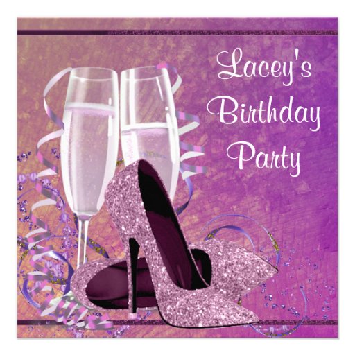 Champagne High Heel Womans Hot Pink Birthday Party Invites