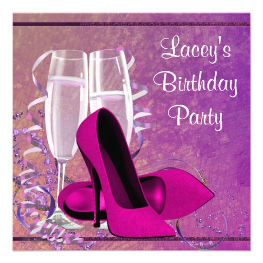Champagne High Heel Womans Hot Pink Birthday Party Announcement