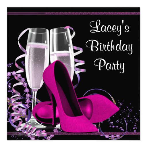 Champagne High Heel Womans Hot Pink Birthday Party Custom Announcement