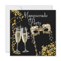 Champagne Mask Black Gold Masquerade Party Custom Announcements