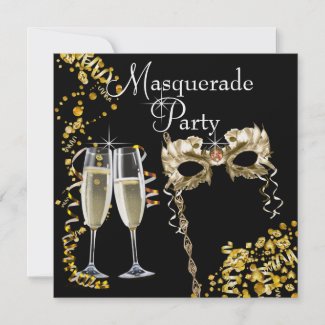 Champagne Mask Black Gold Masquerade Party invitation