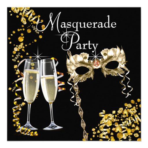 Champagne Mask Black Gold Masquerade Party Custom Announcements