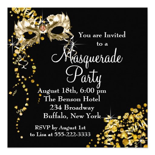 Champagne Mask Black Gold Masquerade Party Custom Announcements