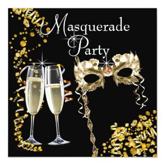 Champagne Mask Black Gold Masquerade Party 5.25x5.25 Square Paper Invitation Card