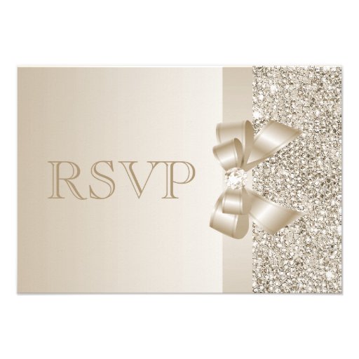 Champagne Sequins, Bow & Diamond RSVP Personalized Invitation (front side)