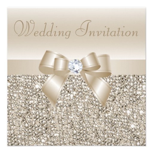 Champagne Sequins, Bow & Diamond Wedding Personalized Invite (front side)