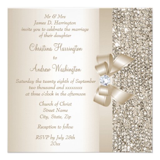 Champagne Sequins, Bow & Diamond Wedding Personalized Invite