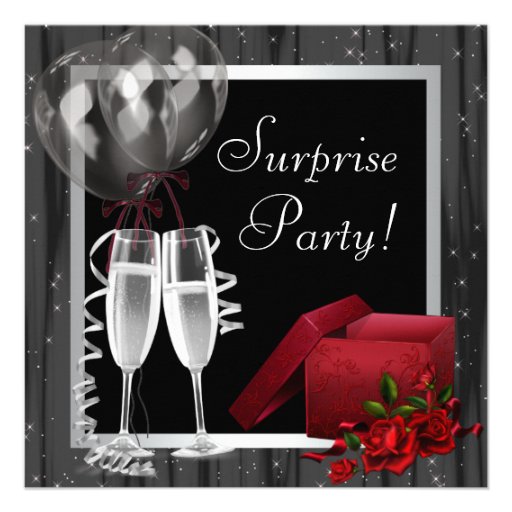 Champagne Sparkles Black White Surprise Party Personalized Invite (front side)