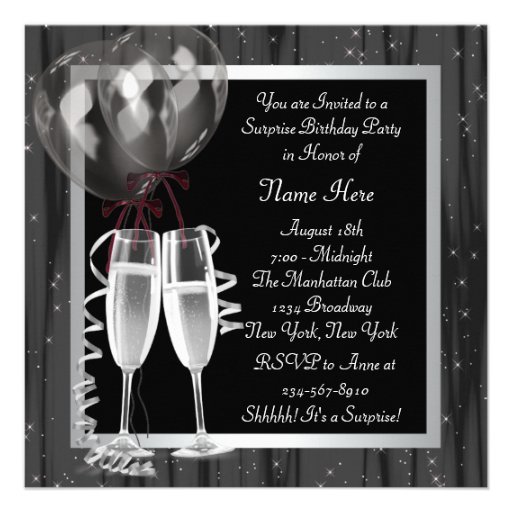 Champagne Sparkles Black White Surprise Party Personalized Invite