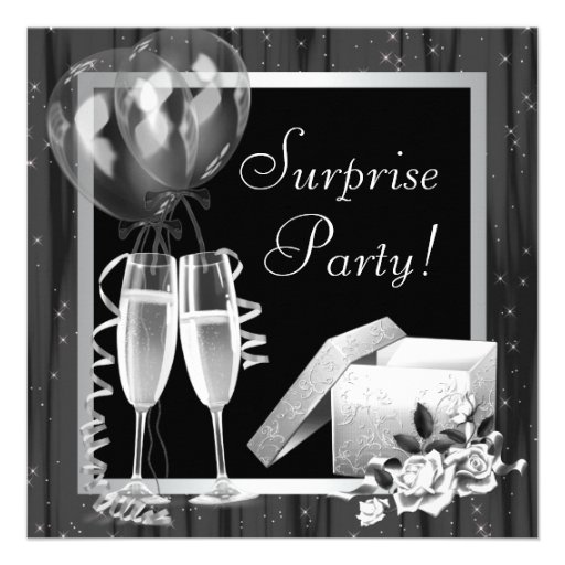 Champagne Sparkles Black White Surprise Party Announcement (front side)