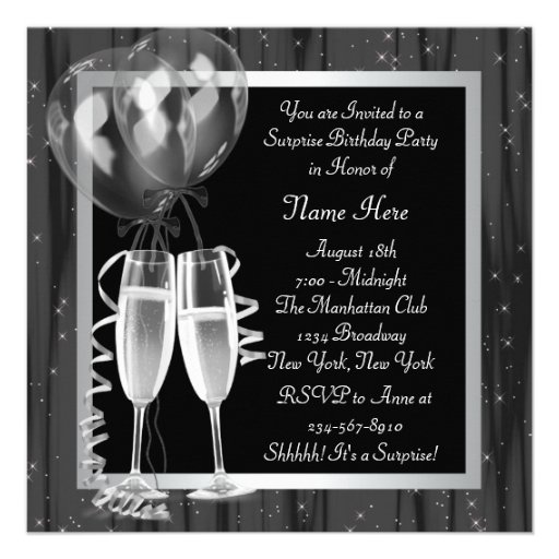 Champagne Sparkles Black White Surprise Party Announcement
