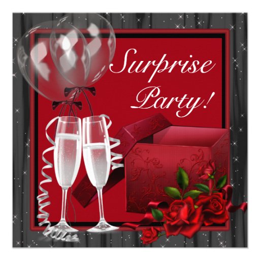 Champagne Sparkles Red Surprise Party Custom Invitations (front side)