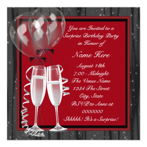Champagne Sparkles Red Surprise Party Custom Invitations