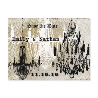 Chandelier Gold Black and White Distressed Damask postcard
