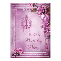 Chandelier, Heart & Flowers 100th Birthday Party Custom Announcements