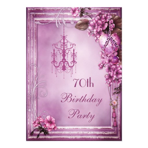 Chandelier, Heart & Flowers 70th Birthday Party Personalized Announcement (front side)