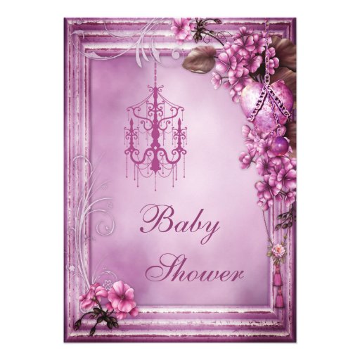 Chandelier, Heart & Flowers Frame Baby Shower Custom Invitation